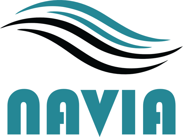 Navia logo with wavy design and blue text on a white background